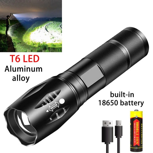 Powerful T6 LED Flashlight Super Bright Aluminum Alloy Portable Torch USB Rechargeable Outdoor Camping Tactical Flash Light