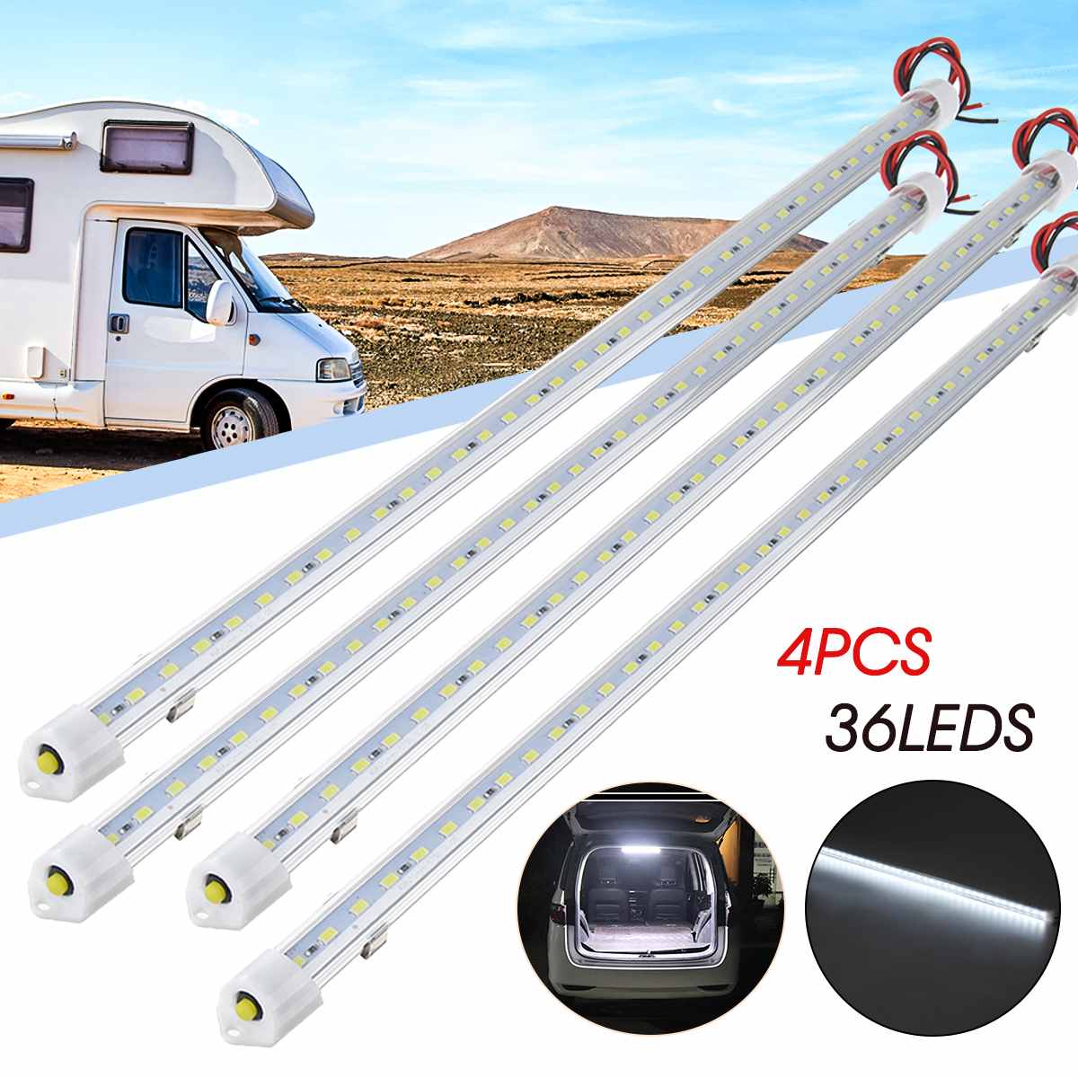 4pcs 30cm 50cm 12V 24V LED Car Interior Light Bar Bright White Light Tube Switch for RV Camper Boat Van Lorry Truck Caravan