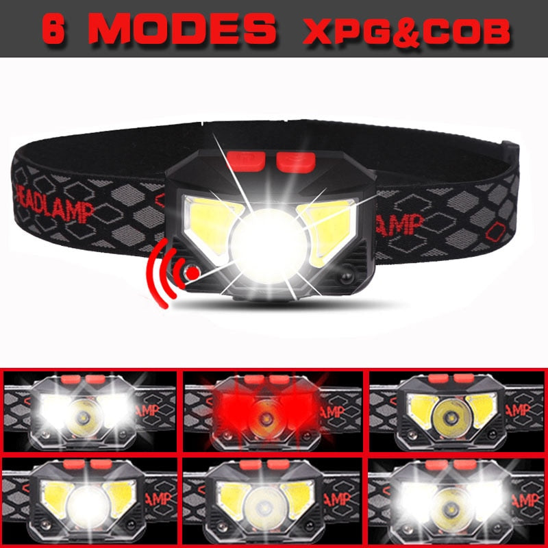 8 Modes Handfress Motion Sensor Powerful LED Headlight headlamp Head Lamp COB Flashlight Torch head light For Camping, fishing