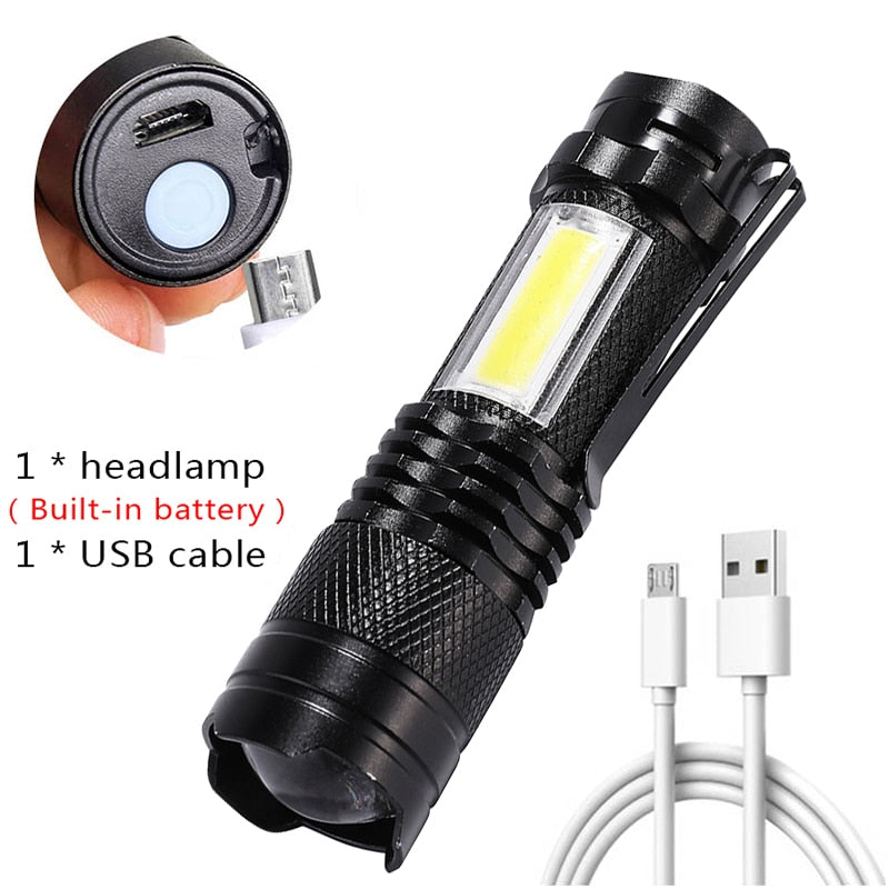 Built In Battery Q5 Portable Mini Led Flashlight Zoom Torch COB Lamp 2000 Lumens Adjustable Penlight Waterproof for Outdoor