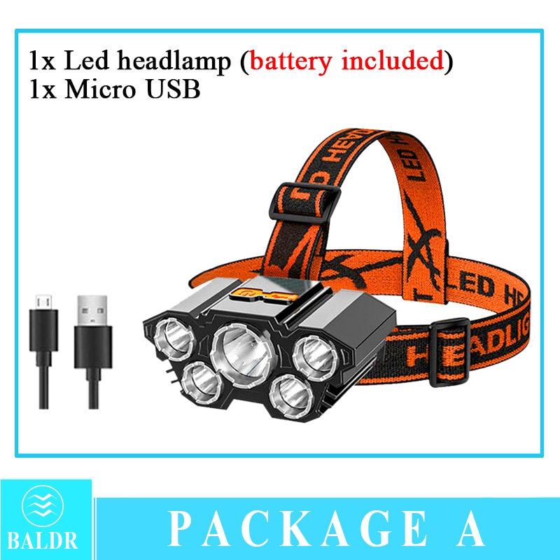 USB Rechargeable Headlamp Portable 5LED Headlight Built in Battery Torch Portable Working Light Fishing Camping Head Light