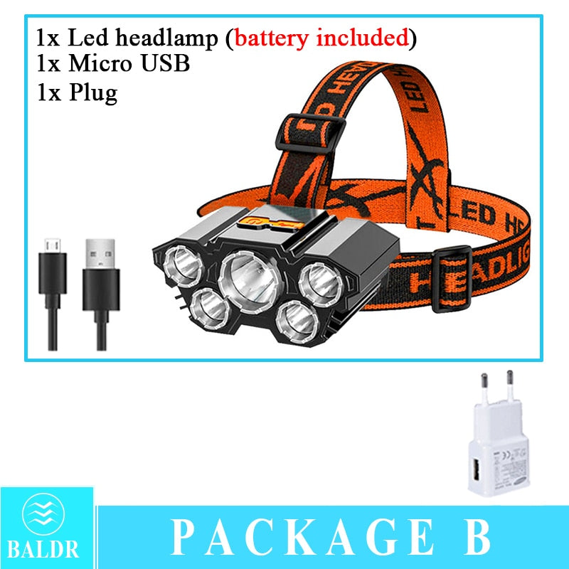 USB Rechargeable Headlamp Portable 5LED Headlight Built in Battery Torch Portable Working Light Fishing Camping Head Light