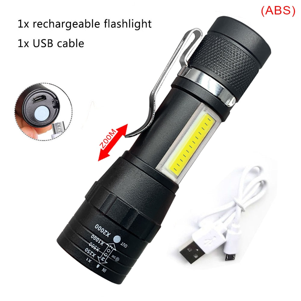 Built In Battery Q5 Portable Mini Led Flashlight Zoom Torch COB Lamp 2000 Lumens Adjustable Penlight Waterproof for Outdoor