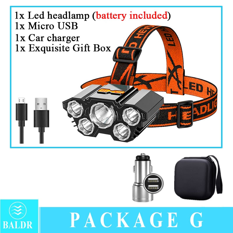 USB Rechargeable Headlamp Portable 5LED Headlight Built in Battery Torch Portable Working Light Fishing Camping Head Light